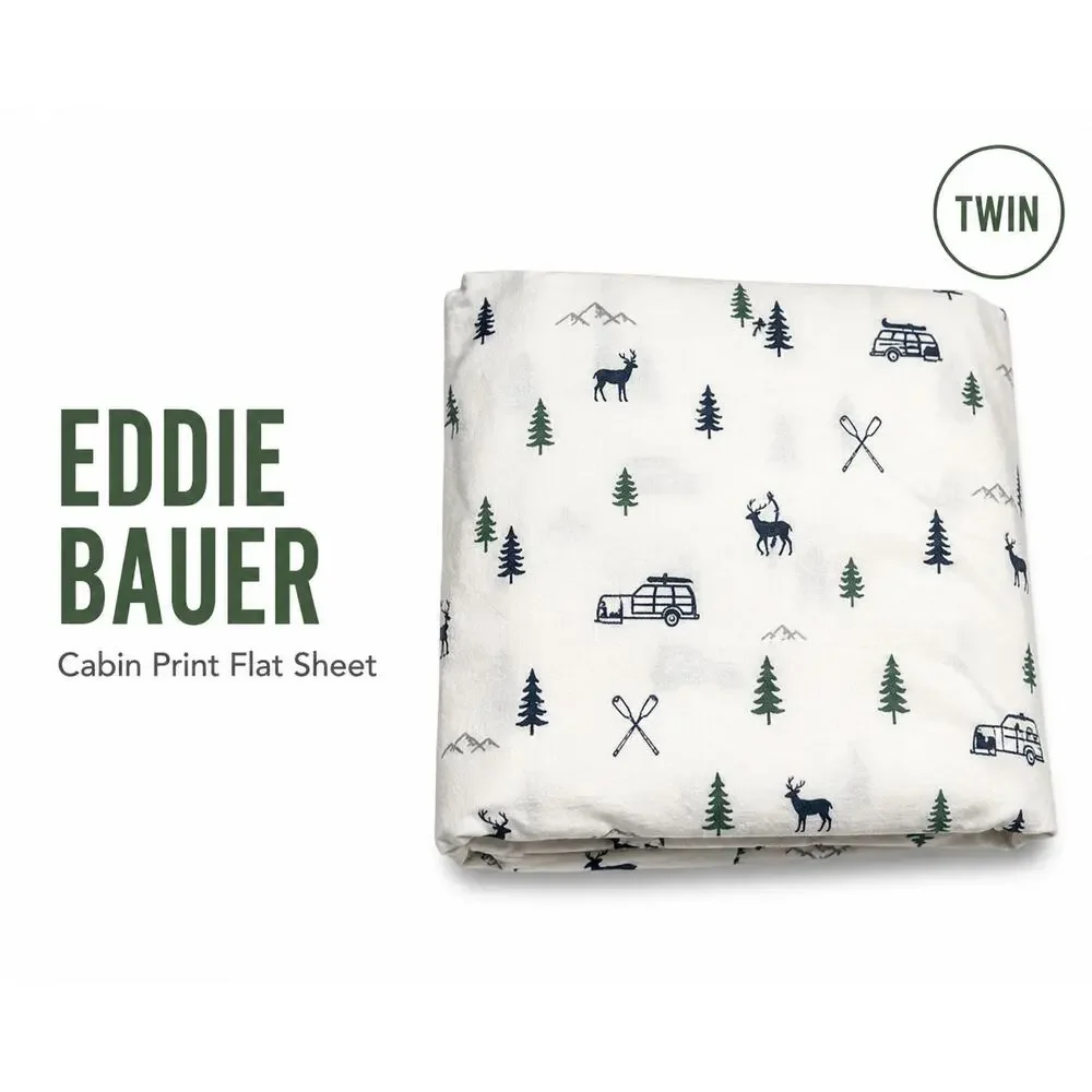 Eddie Bauer Flat Sheet Twin Winter Cabin Deer Camping Print White